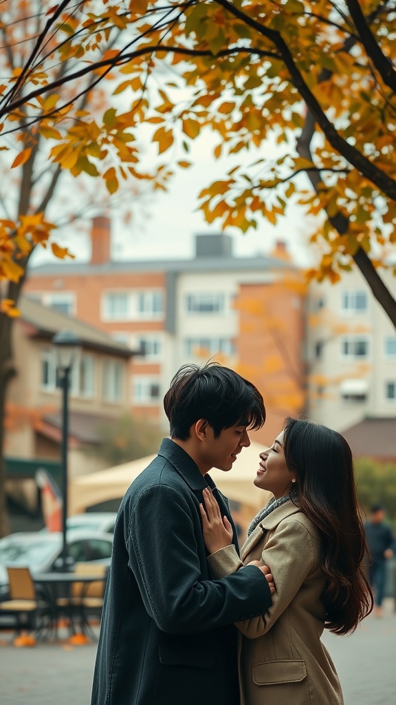 Hong Seol and Yoo Jung in Cheese in the Trap, surrounded by autumn leaves at a café.